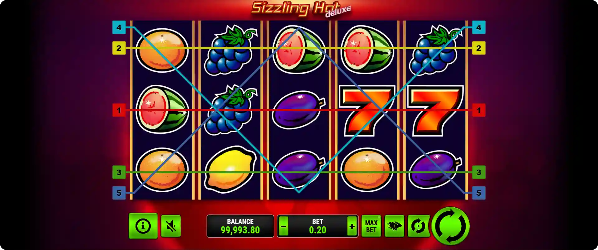Sizzling Hot Deluxe slot five paylines active win lines display